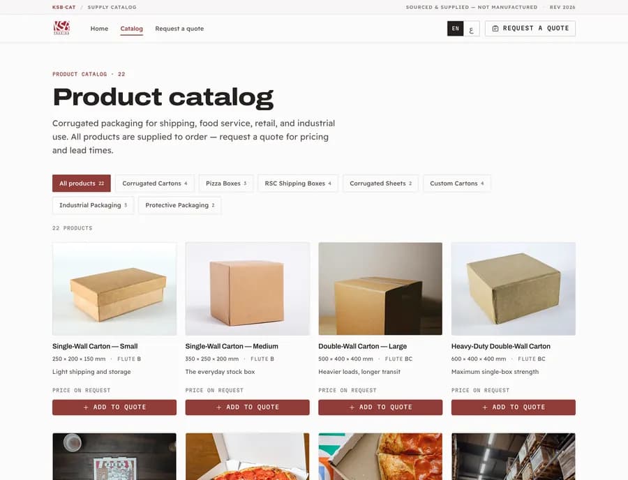 The KSB-Trading catalogue, browsable by flute, board grade, and minimum order.